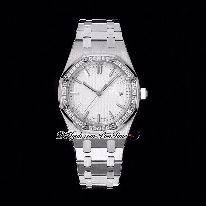 TWF 34 mm 77351 A5800 Reloj automático para mujer 50 aniversario Bisel de diamantes Esfera blanca con textura Pulsera de acero inoxidable Relojes para mujer Super Edition Puretime D4