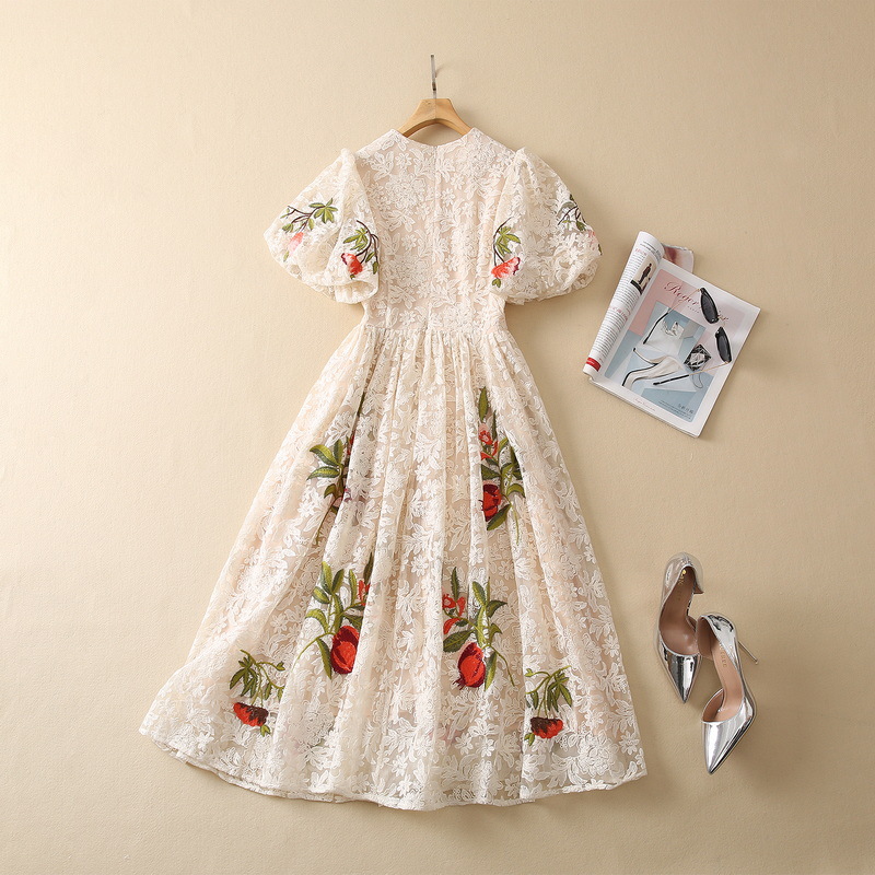 2022 Autumn Round Neck spets Floral Print broderiklänning Ivory Lantern Sleeve Paneled Mid-Calf MIDI Casual Dresses S2N032332 Plus Size XXL