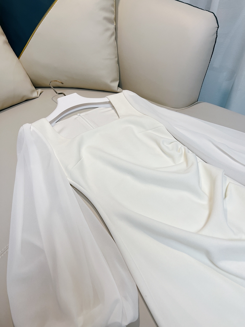 2022 Autumn Square Neck Solid Color Draped Dress White Lantern Sleeve Paneled Mid-Calf Midi Casual Dresses D2N051298