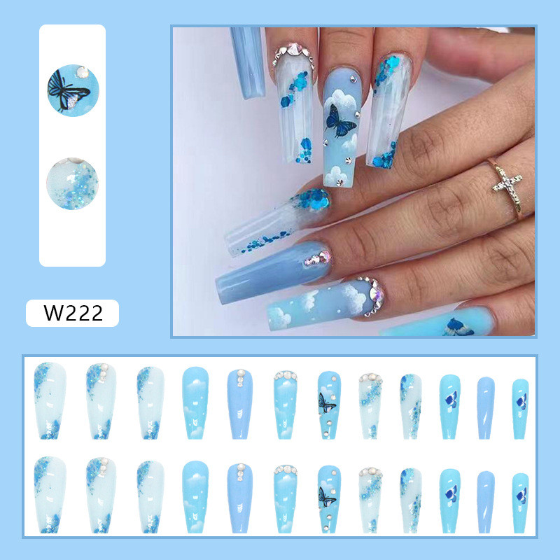 Long Coffin Press on Nail Full Cover Detachable False Nails Wearable Rhinestone Gradiant Ballerina Design Fake Nails Art