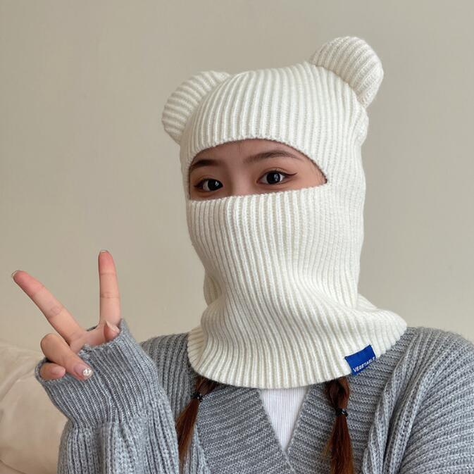 Cute Winter Wool Pullover Hat Female Bear Ears Knitted Beanie Hats Warm Hat Outdoor Riding Windproof Head Cover Scarves Sets