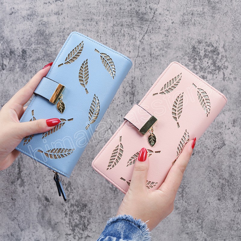 Koreanische frauen Brieftasche Mode Kupplung Tasche Weibliche Leder Geldbörse Karte Halter Hohl Blatt Zipper Schnalle Lange Brieftasche