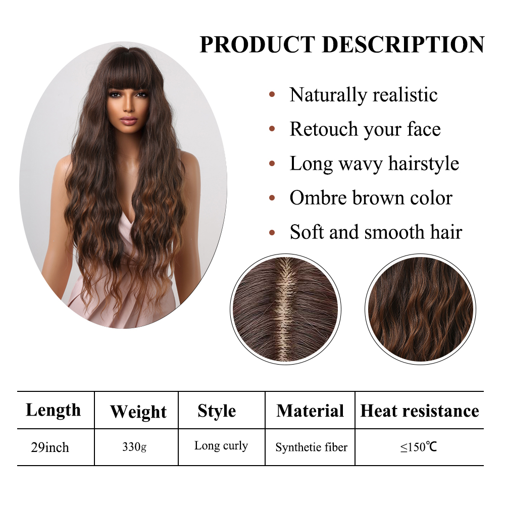 Perruques synthétiques Long Brun Curly Wave Wigs avec une frange pour les femmes Chocolate brun quotidien Cosplay Perruques résistantes à la chaleur Directory