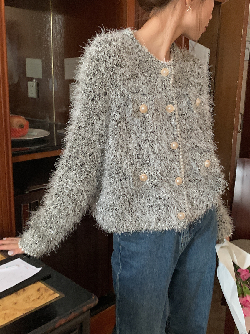 Kvinnors O-hals Lureex Shinny Bling Mohair Wool Sticked Single Breasted tröja Cardigan Coat