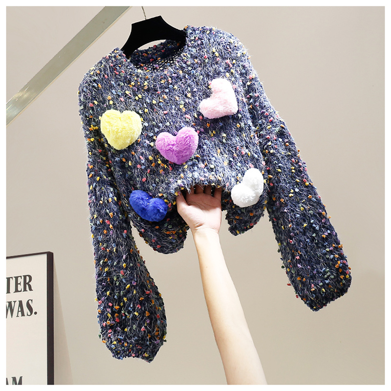 Kolorowa 3D Love Heart Dekoracja 3D Śliczna dzianina sweter pullover krótkie skoczki