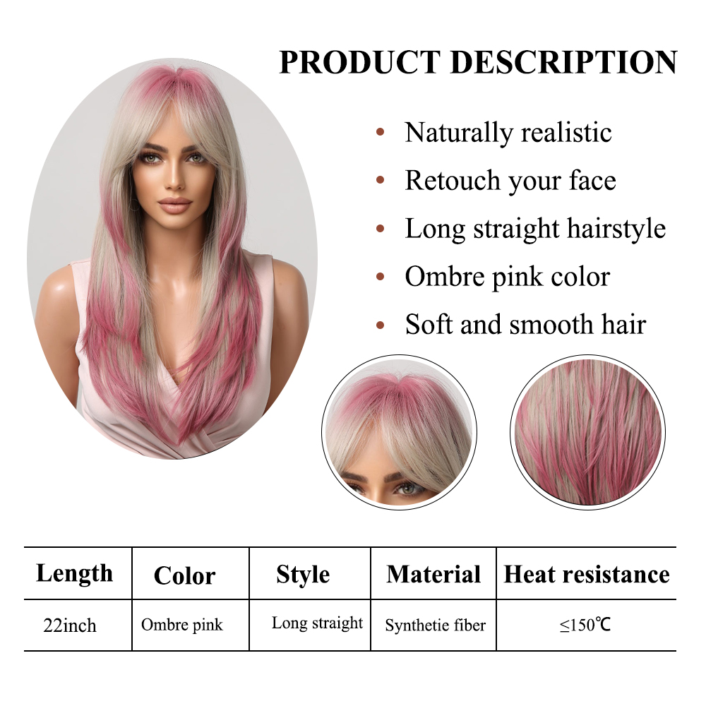 Ombre Gray Blonde Pink Synthetic Wigs with Bangs Long Straight Layered Cosplay Lolita Hair Wig for Women Heat Resistantfactory direct