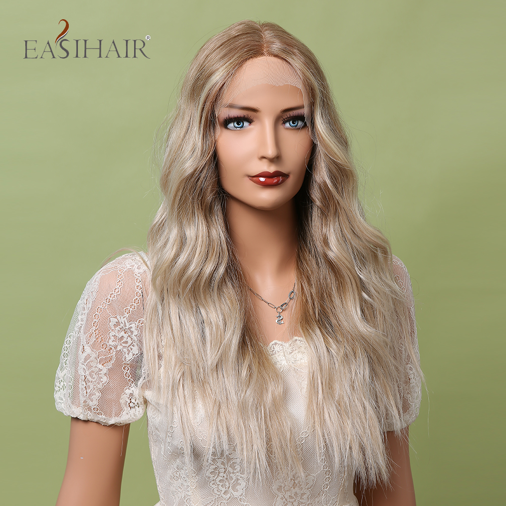 Gemengde Bruin Blonde Ombre Synthetische Lace Front Pruiken Lange Strand Wave Krullend Haar Pruiken voor Vrouwen Hittebestendige Dagelijks Partyfactory direct