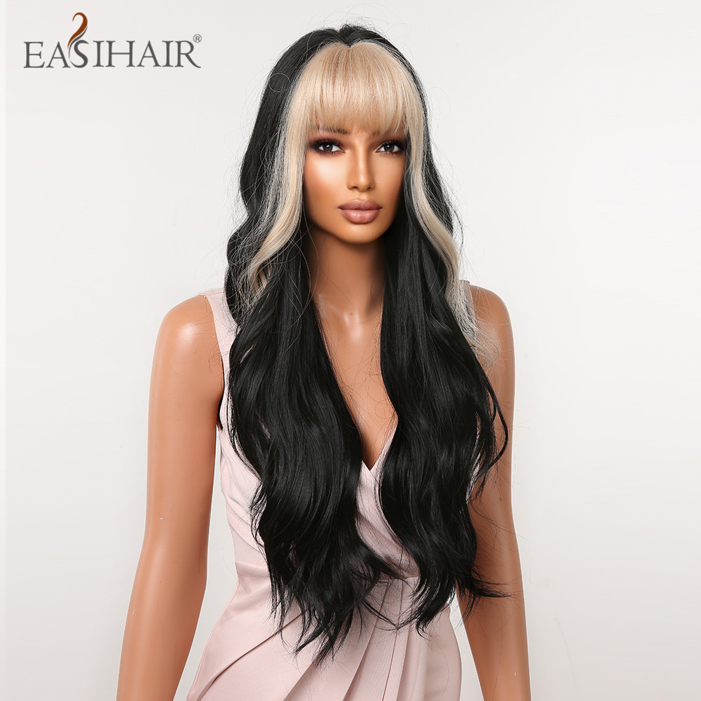 Black Long Wavy Synthetic Wigs with White Bangs Natural Halloween Hair Wig for Black Women Daily Cosplay Heat Resistantfactory direct