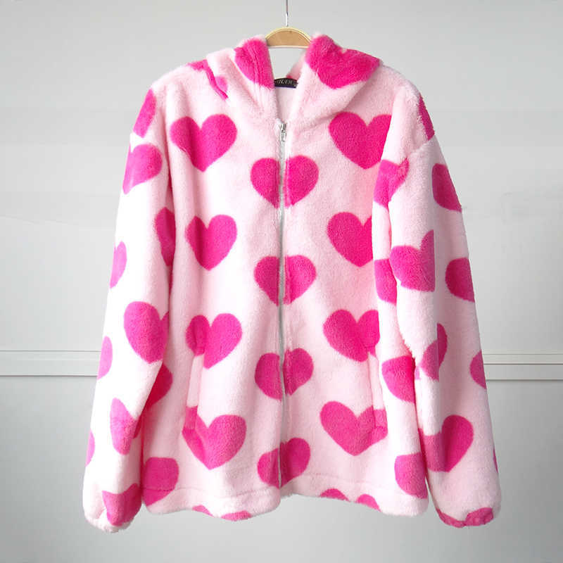 Женские куртки Женская одежда 2021 Модная розовая зимняя плюшевая куртка Kawaii в форме сердца Пальто Oversize с капюшоном на молнии с длинным рукавом E-girl Y2k Top T221105