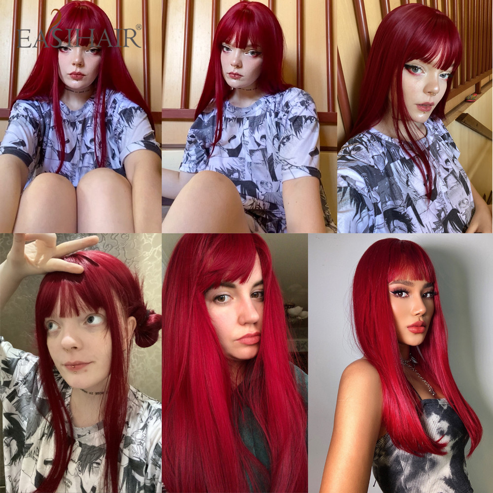 Wine Red Brown Women Wigs с челкой бордовые синтетические парики для женщин для женщин.