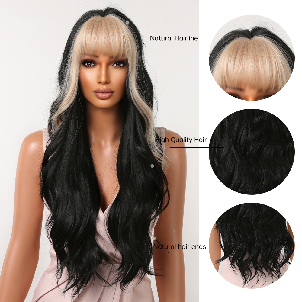 Black Long Wavy Synthetic Wigs with White Bangs Natural Halloween Hair Wig for Black Women Daily Cosplay Heat Resistantfactory direct