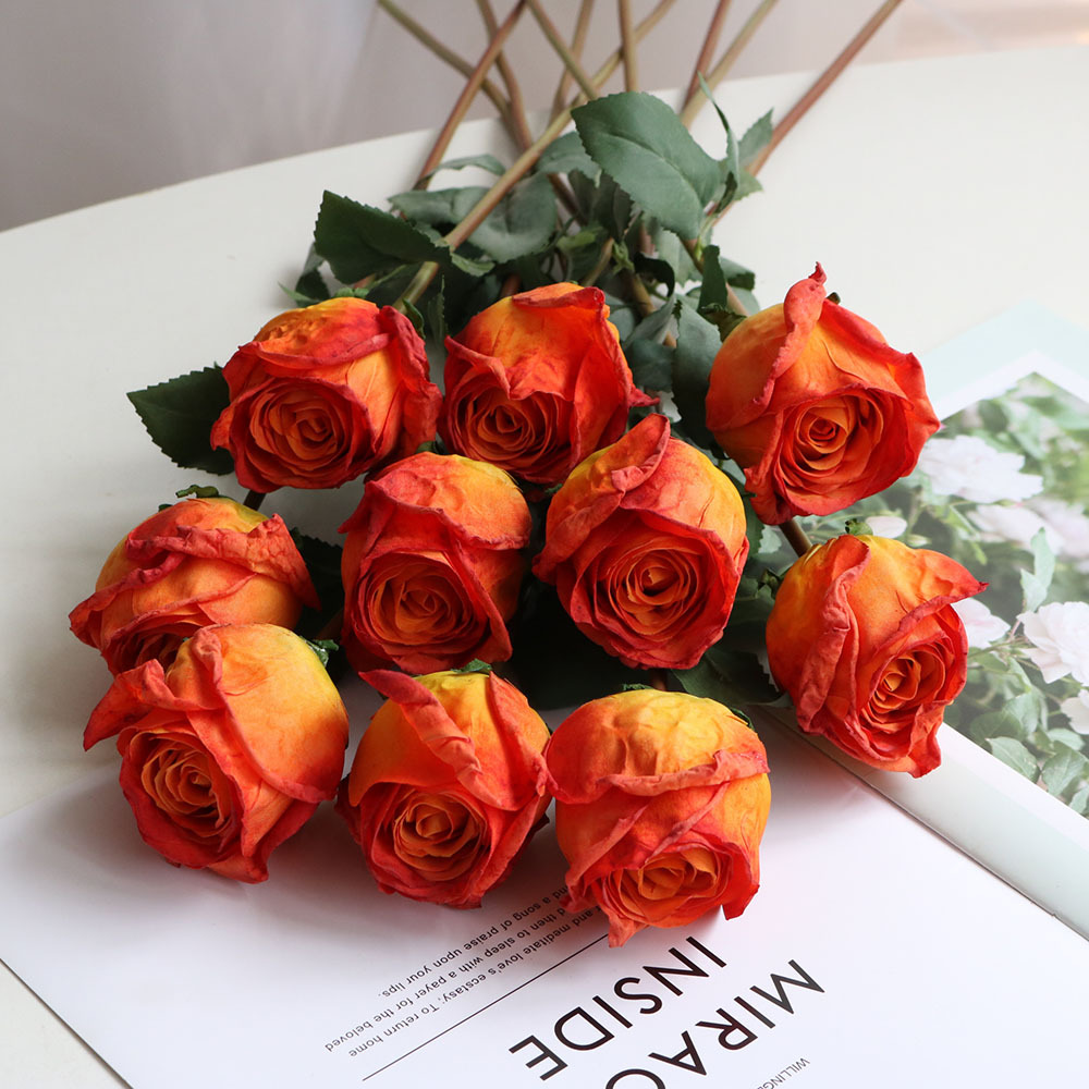 Yapay Çiçekler Tek Kök Gül Düğün Merkez Parçası Çiçek Gerçek Touch Rose yanmış kenar ile