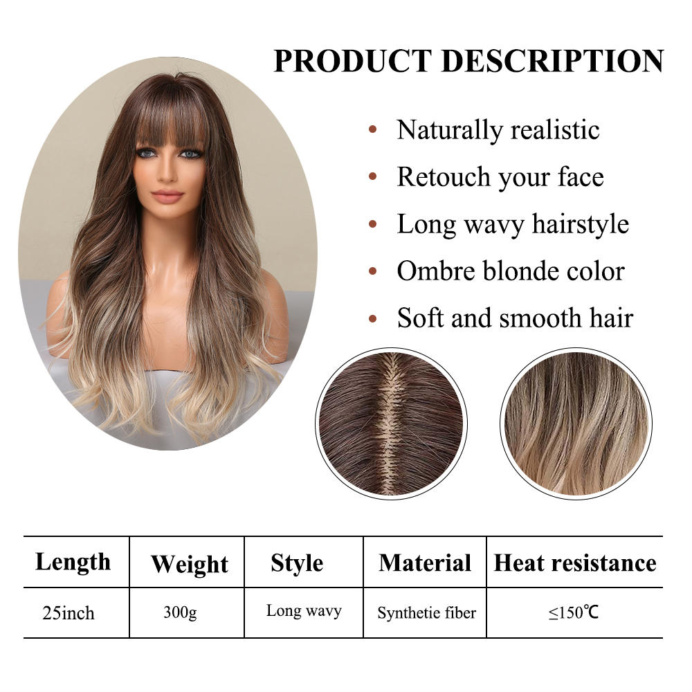 Ombre Brown Blonde Long Wavy Synthetic Wigs с челкой натуральный серый парик для волос для женщин для женщин ежедневно косплей теплостойкий