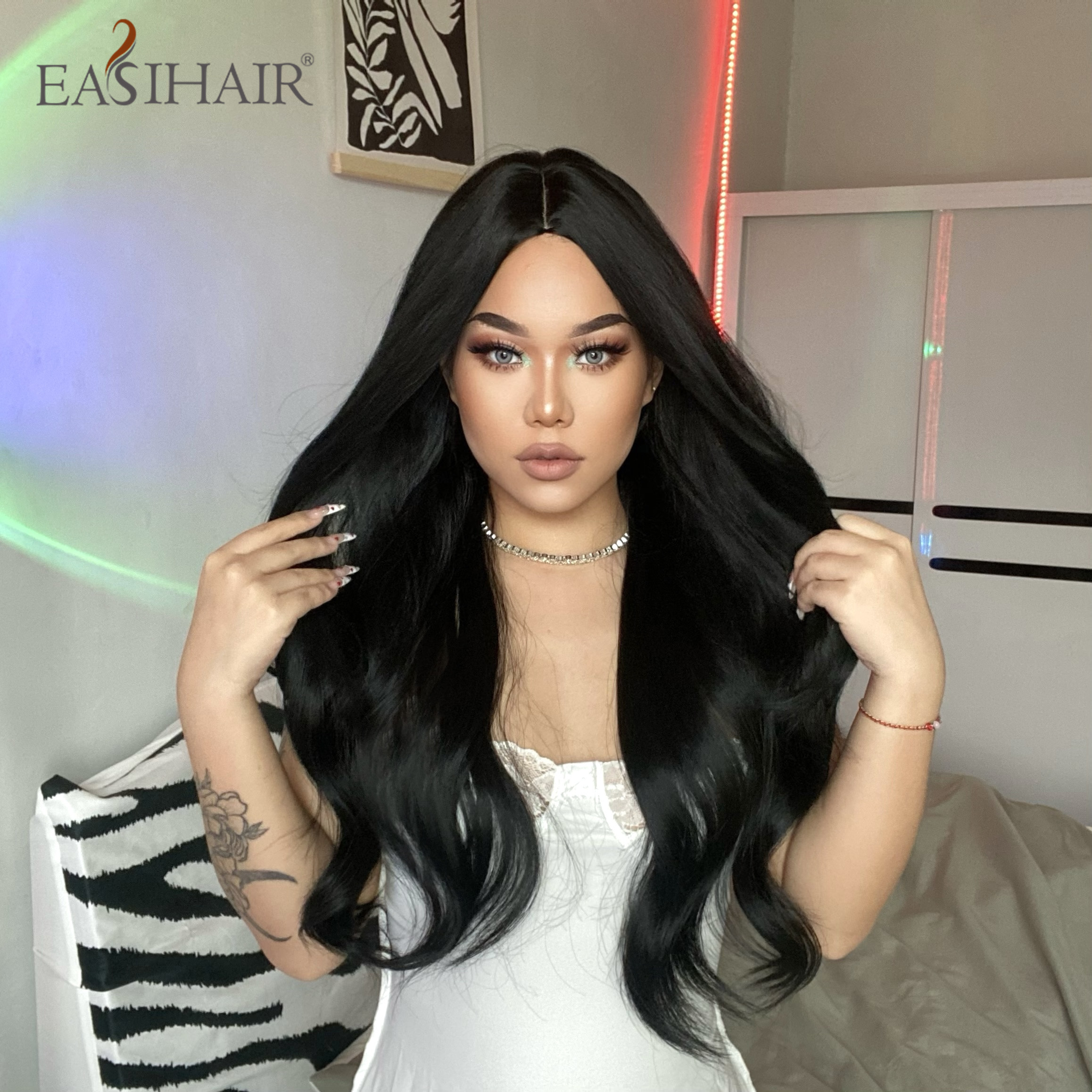 Dark Brown Black Synthetic Wigs Middle Part Long Wavy Wigs for Black Women Daily Cosplay Heat Resistant Natural Hairfactory direct