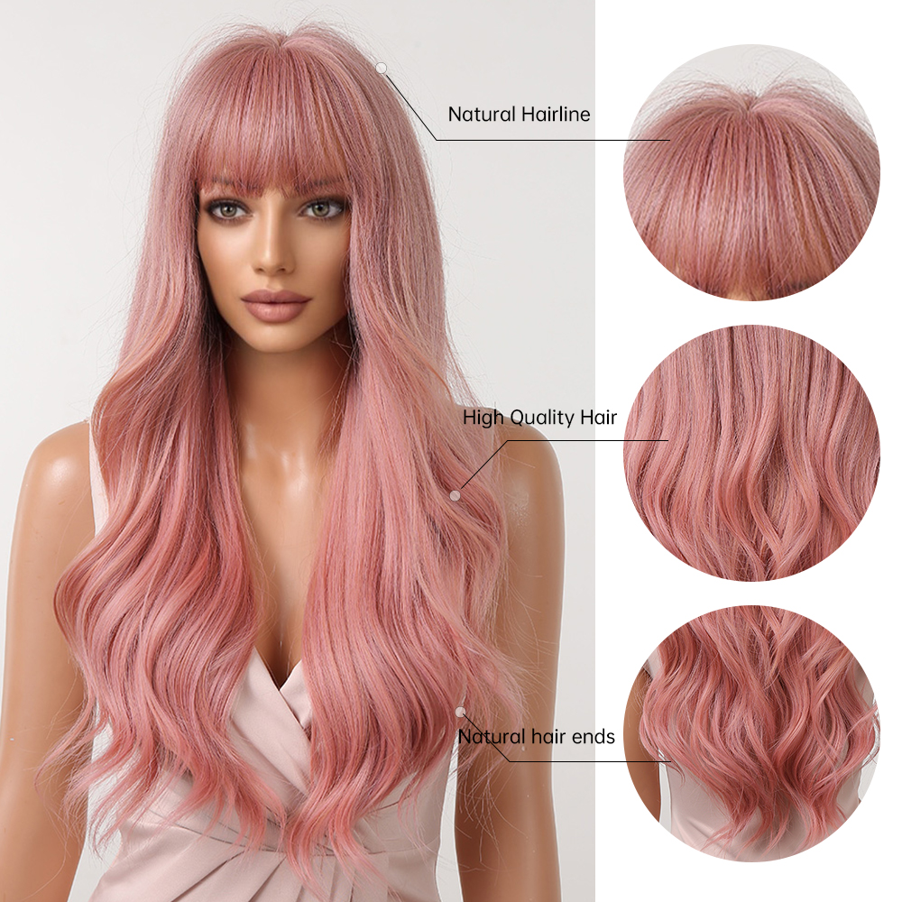 Parrucche rosa ondulate lunghe con frangia Parrucche sintetiche colorate capelli donne Cosplay Lolita Party Fibra resistente al calore naturalefabbrica diretta