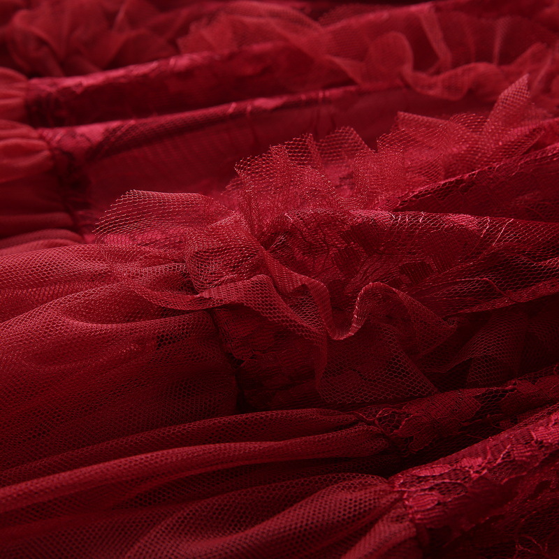 2022 الخريف جولة الرقبة تول ، فستان صلبة لون النبيذ الأحمر / العاج / أسود 3D الزهور الأكمام الطويلة طويلة الفساتين عارضة