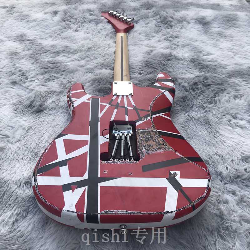 5150 Verbeterde Edward Eddie Van Halen 5150 White Stripe Red elektrische gitaar Floyd Rose Tremolobrug, borgmoer, esdoornhals toets Frankenstein gitaar