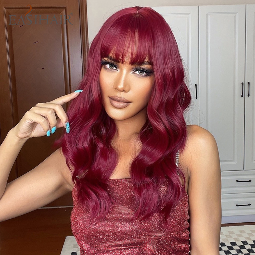 Wine Red Water Wave Synthetic Wigs with Bangs Medium Length Burgundy Hair Wigs for Women Daily Natural Heat Resistantfactory direct