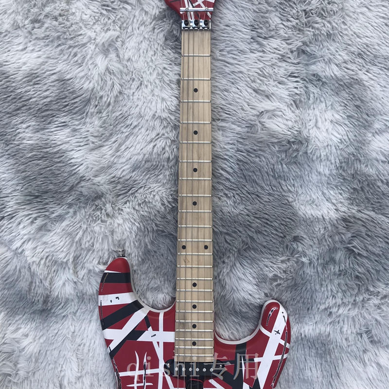 5150 Guitarra eléctrica mejorada Edward Eddie Van Halen 5150 White Stripe Red Puente trémolo Floyd Rose, tuerca de bloqueo, diapasón de mástil de arce Guitarra Frankenstein