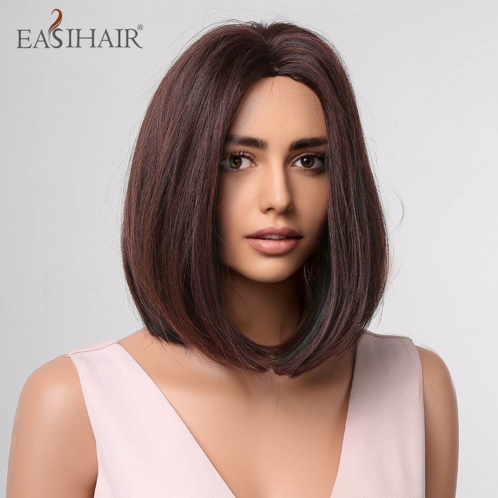 Brown Short Straight Bob Synthetic Wigs Black Mixed Middle Part Wigs for Black Women Daily Cosplay Use Heat Resistantfactory direct