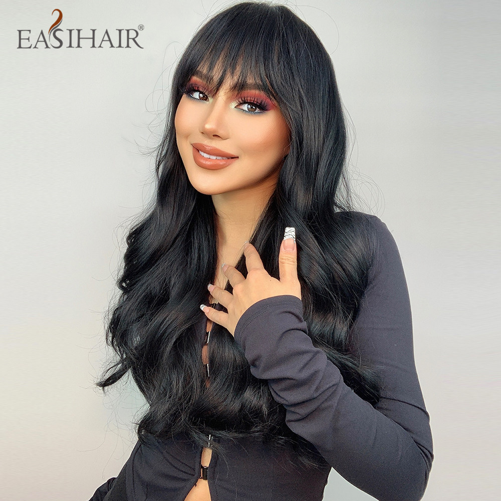 Black Long Natural Wavy Synthetic Wigs with Bang Body Wave Brown Black Hair Wigs for Women Daily Cosplay Heat Resistantfactory direct