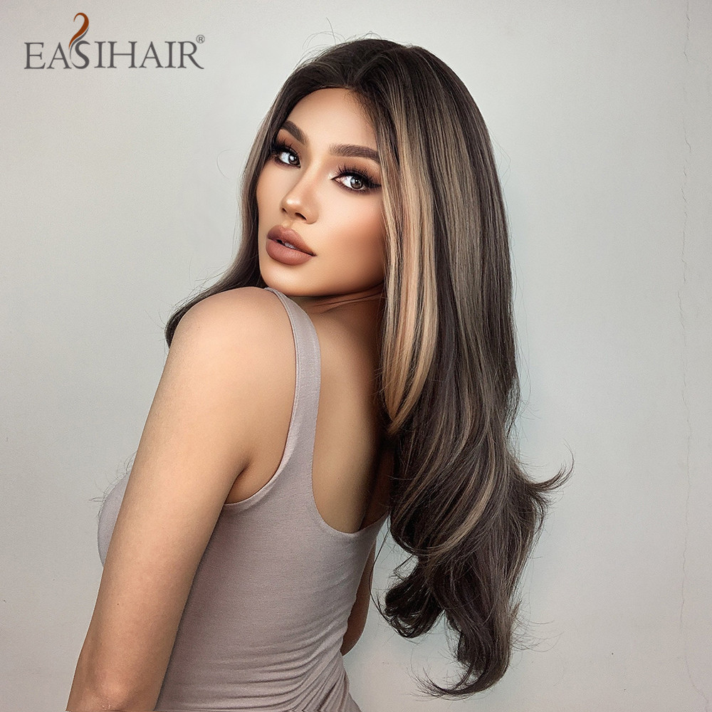 Long Lace Front Wigs Brown Highlight Golden Straight Synthetic Lace Wigs with Baby Hair for Black Women Heat Resistantfactory direct