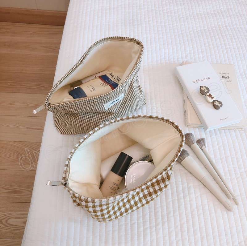 Kahaki Houndstooth Women Makeup Cosmetic Bag Cotton Plaid Cosmetics Organizer Stor toalett Kit Skönhet Makeup Lagring
