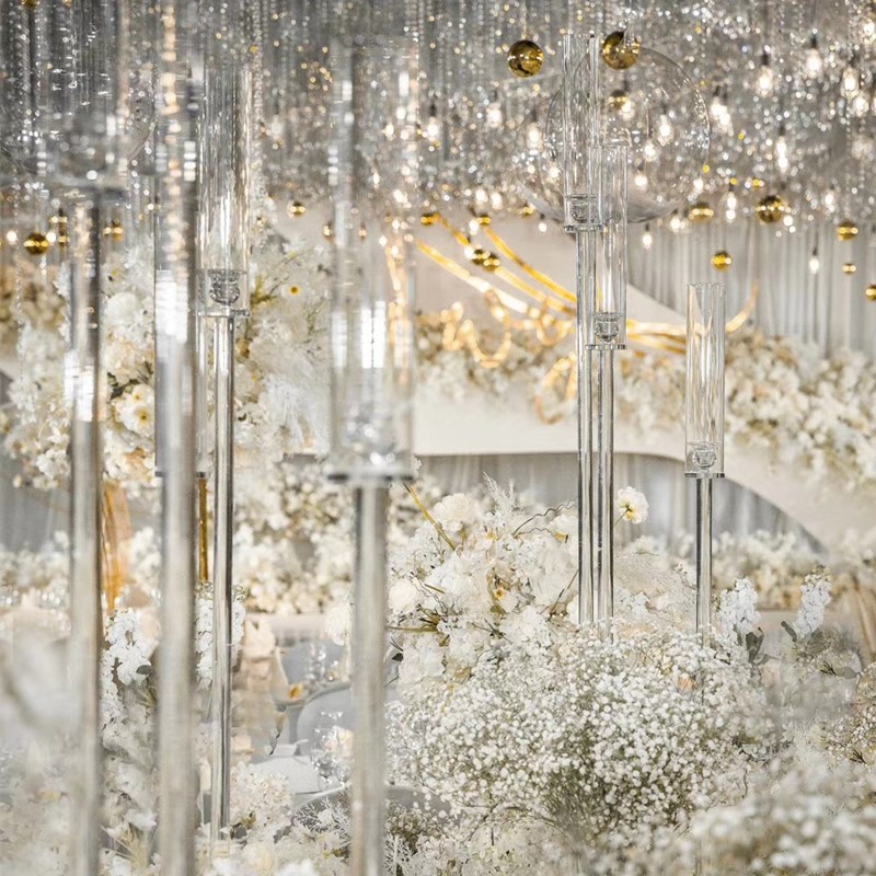 5 ramion stojąca krystalicznie przezroczysty akrylowy filar świeca wystawowy stojak na podłogę Candlelabra na imprezę Mariage Wedding Centerpiece Ocean Express