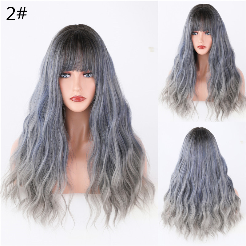 Fashion Wavy Wigs With Bangs For Woman Synthetic Long Natural Gradient Color Hair Wig Cosplay Breathable Wigs