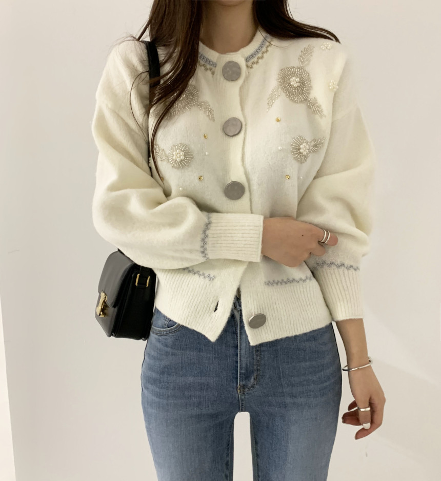 Women's o-neck embroidery beading single breasted knitted sweater cardigan slim waist coat