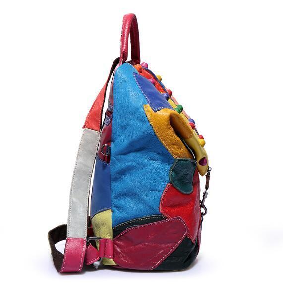 Okul çantaları marka retro orijinal deri sırt çantası koyun derisi bayan tasarımcı seyahat renkli patchwork lüks alışveriş çantası mochila 221105
