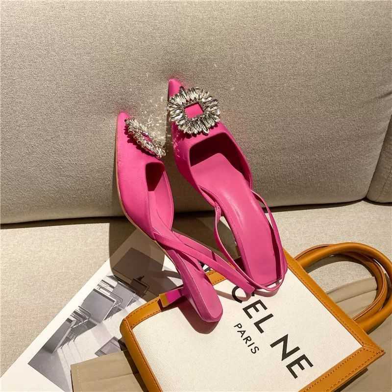 Sandaler 2022 Nya kvinnor ZA -skor pekade tå grunt rosa diamant slingbackskor Låg liten klack rygg rygg mulor skor för kvinnor l221107