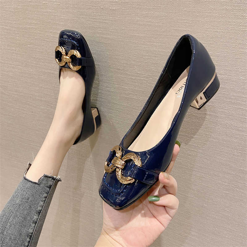 Sandals Brand Shoes Newest Women Pumps Patent Leather High Heels Fashion Metal Decoration Square Toe Office Lady Shoes L221107