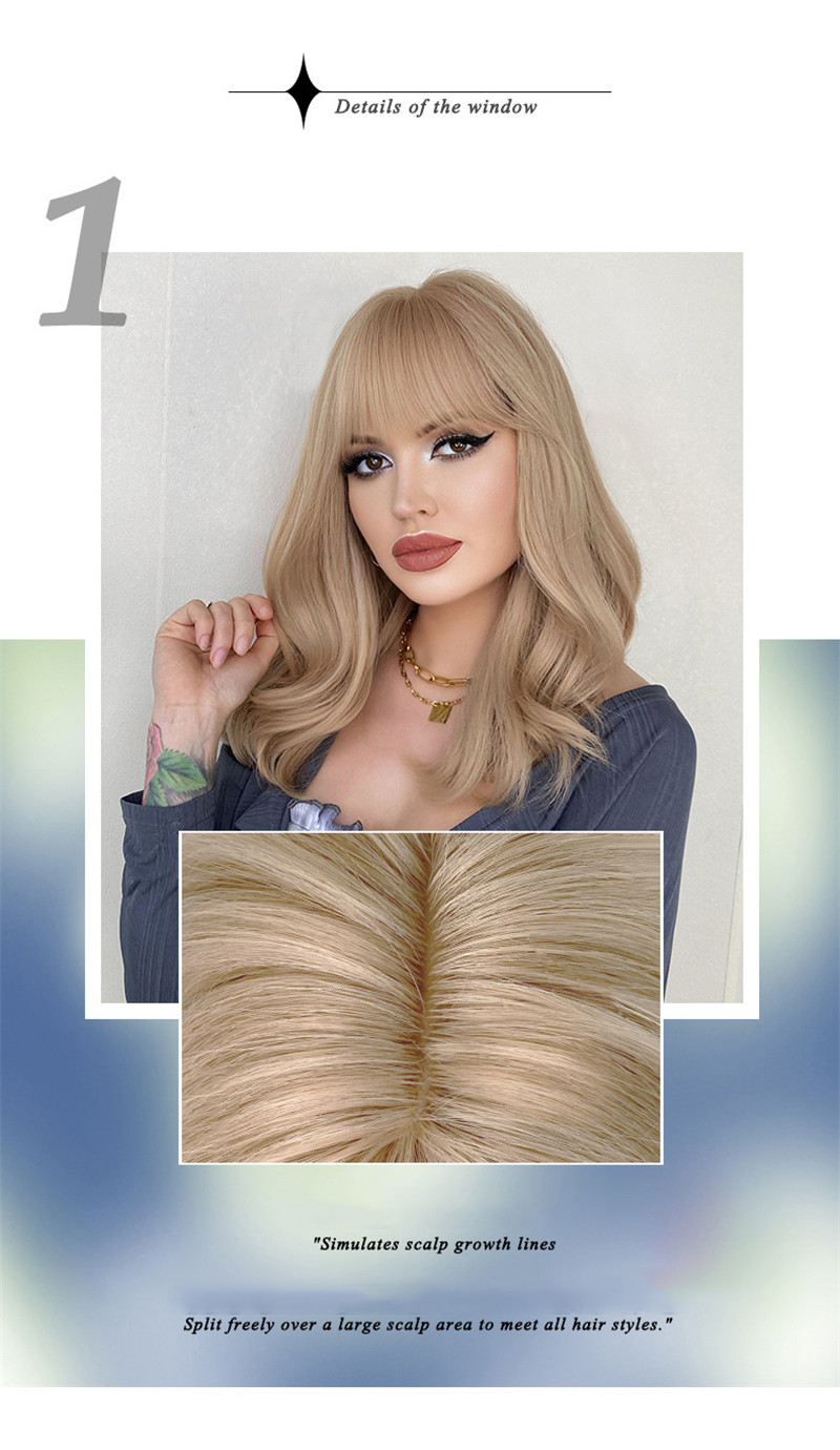 Synthetische Cosplay-Perücken mit Pony für Frau, lange blonde Locken, 45,7 cm, natürlich gefärbte Perücke, hitzebeständiges Faserhaar