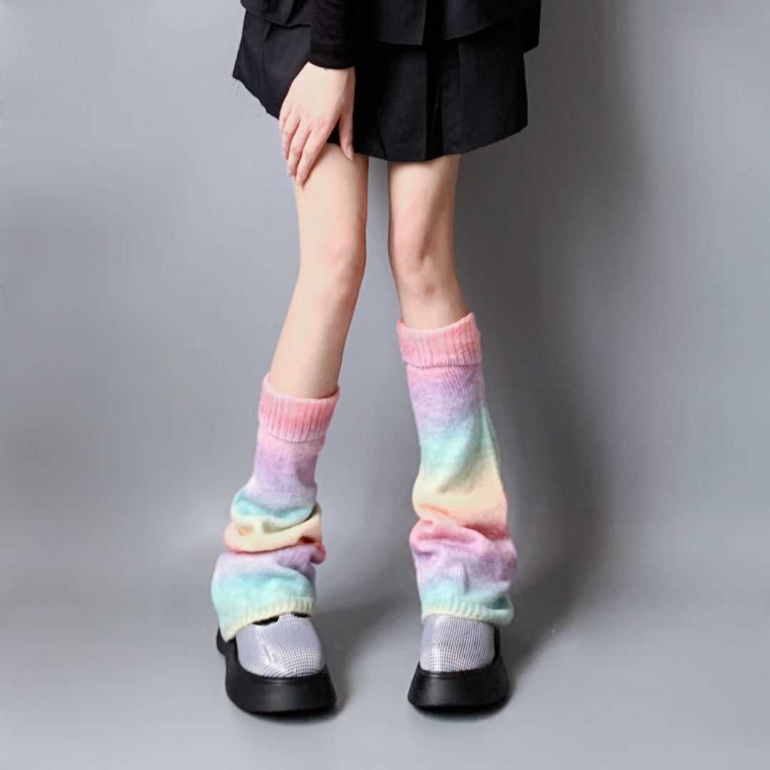 Socks Hosiery Harajuku Retro Gradient Sweet Rainbow Knitted Leg Warmers Socks Japanese Punk Girls Knee High Long Socks Leg Cover Streetwear T221107