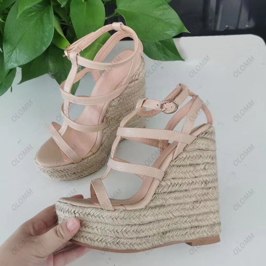 Olomm Women Gladiator Sandals Bohemia Style Wedges High Heels Sandals Open Toe Pretty Nude Casual Shoes Ladies US Plus Size 5-20