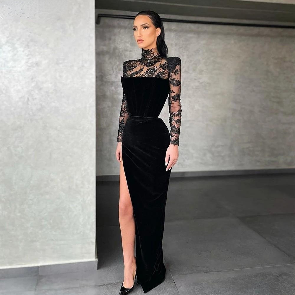 Black Velvet Prom Dresses With Illusion Long Sleeves High Collar Embroidery Lace Beaded Formal Evening Gowns Sexy Split Arabic Aso Ebi Vestidos De
