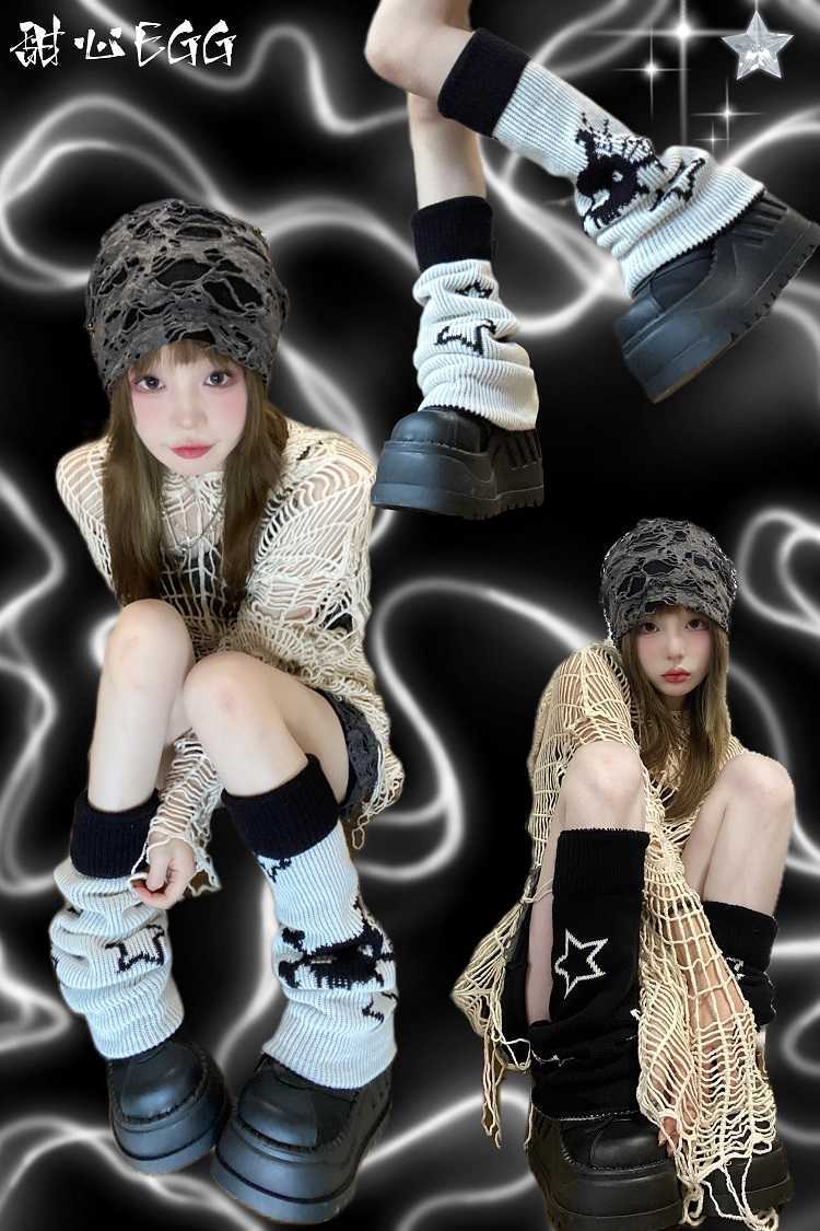 Socks Hosiery Mikumn Harajuku Y2k Star Skull Black White Knitted Two-side Wear Leg Warmers Socks Punk Girls Chic Streetwear Leg Cover T221116