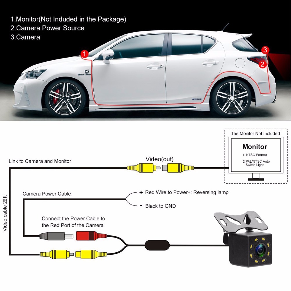 XINMY Car Rear View Camera Universal 8 LED Night Vision Backup Parking Reversing Cam Waterproof 170 Wide Angle HD Color Image