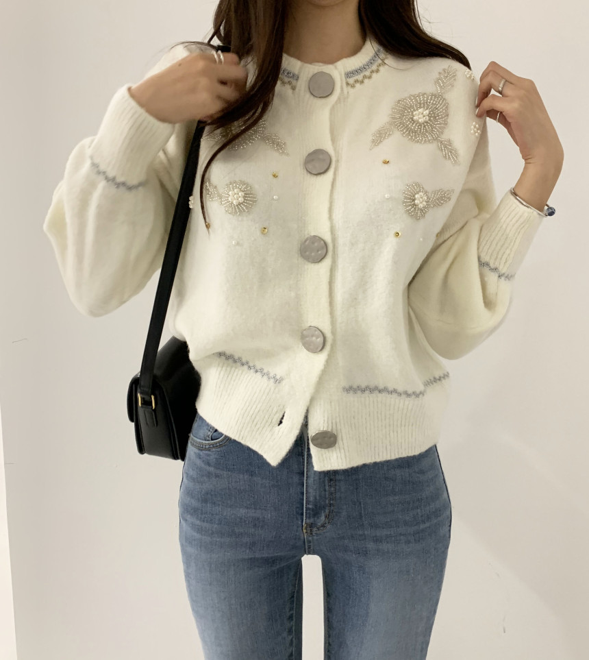 Women's o-neck embroidery beading single breasted knitted sweater cardigan slim waist coat