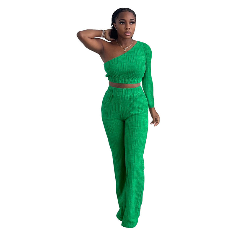 Women's Casual Pants Long Sleeve Stripe Crewneck One Off Shoulder Pullover Tops And High Waist Pants Sportsuit Activewear