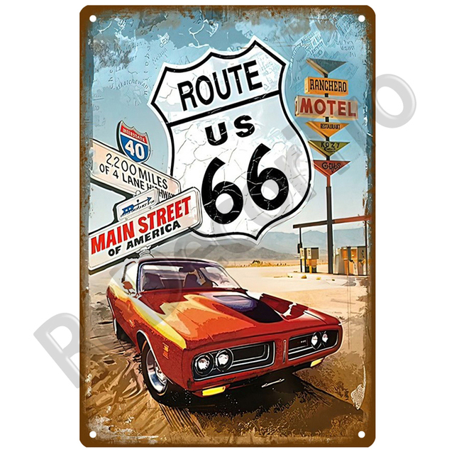 Route 66 Voiture Métal Peinture Rétro Décoratif Maison Métal Signes Plaque Affiches Sur Le Mur Tin Sign Vintage Affiche Décor Art Chambre Décoration 20cmx30cm Woo