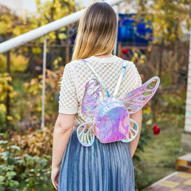 Школьные сумки мод женский лазерный мини -рюкзак для бабочек Ангел Крыльев для девушек для девочек путешествуют повседневная сумка голографическая кожа 221105