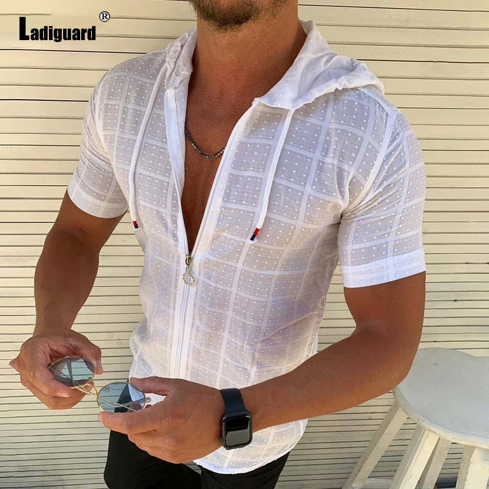 M￤ns casual skjortor Ladiguard Trend Hoodie Shirt Patchwork Zipper Men Summer Plaid Top Solid White Blouse Mens Open Stitch Thin Clothes 221105