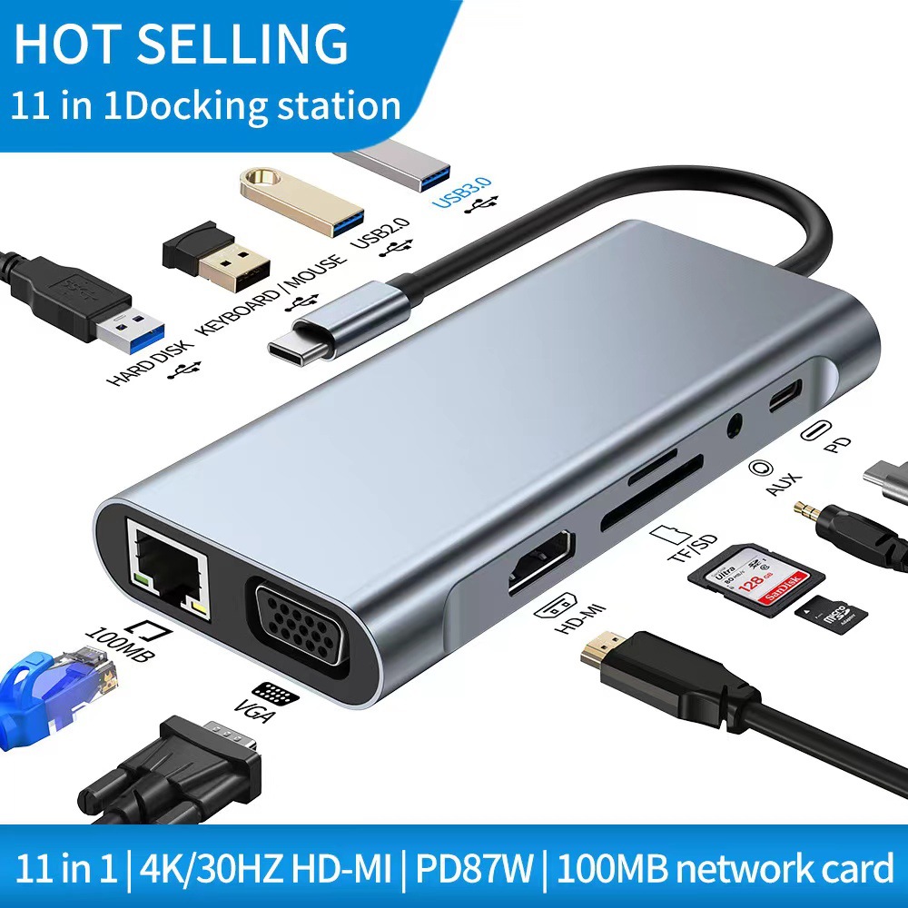 11 in 1 USB Tipo C Hub HDMI Converter 4K HD Notebook Phone Dock