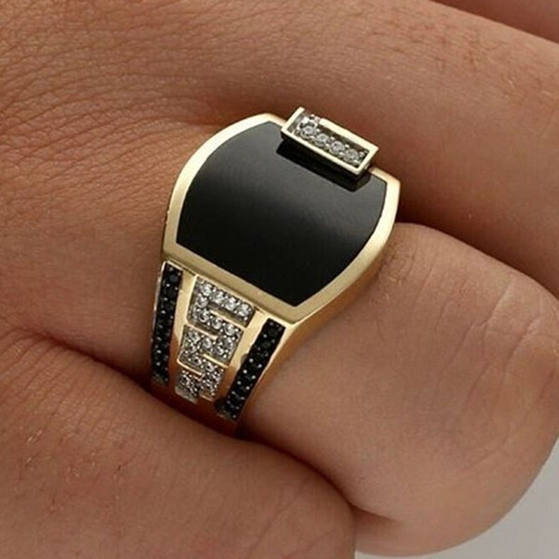Классическое мужское кольцо, модное металлическое золотое кольцо с инкрустацией черным камнем, цирконием, панк-кольца для мужчин