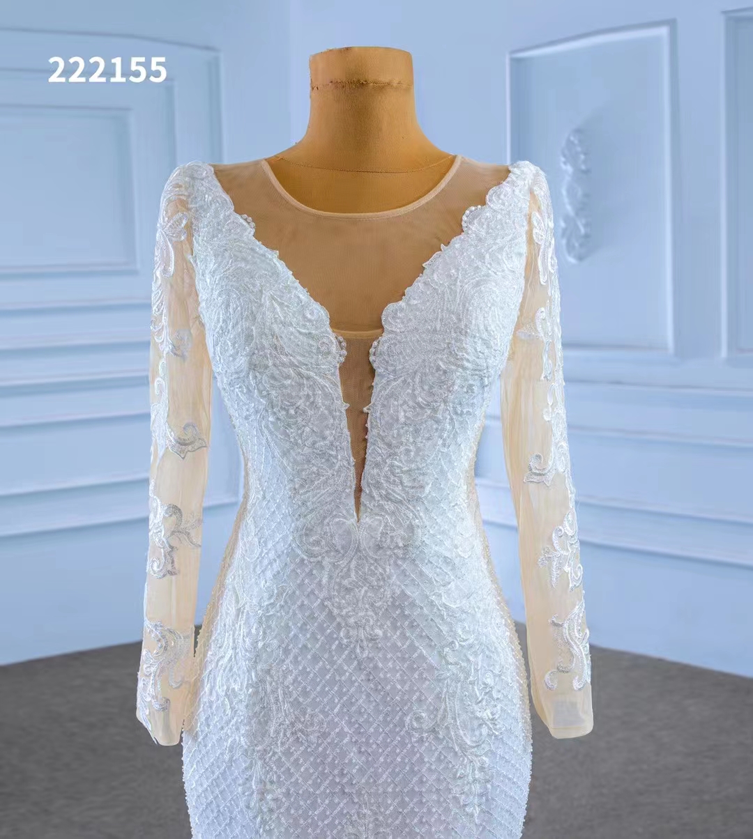 Abito da sposa della sposa bianca bianca a collo a V Deep Long Long Sleeve mostra un alto temperamento di coda di pesce sottile su misura SM222155