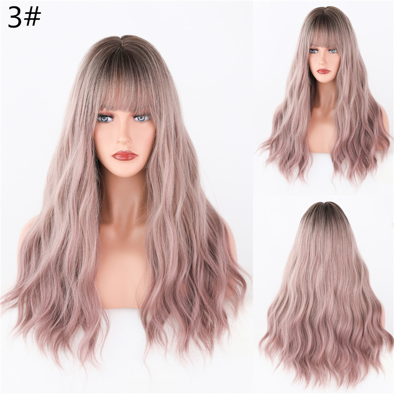 Fashion Wavy Wigs With Bangs For Woman Synthetic Long Natural Gradient Color Hair Wig Cosplay Breathable Wigs