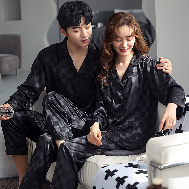 Pijama de casal para dormir masculino para masculino para homens xadrez loungewearwear roupas de noite de manga longa cal￧a de sono de seda fina de cetim de cetim 221105