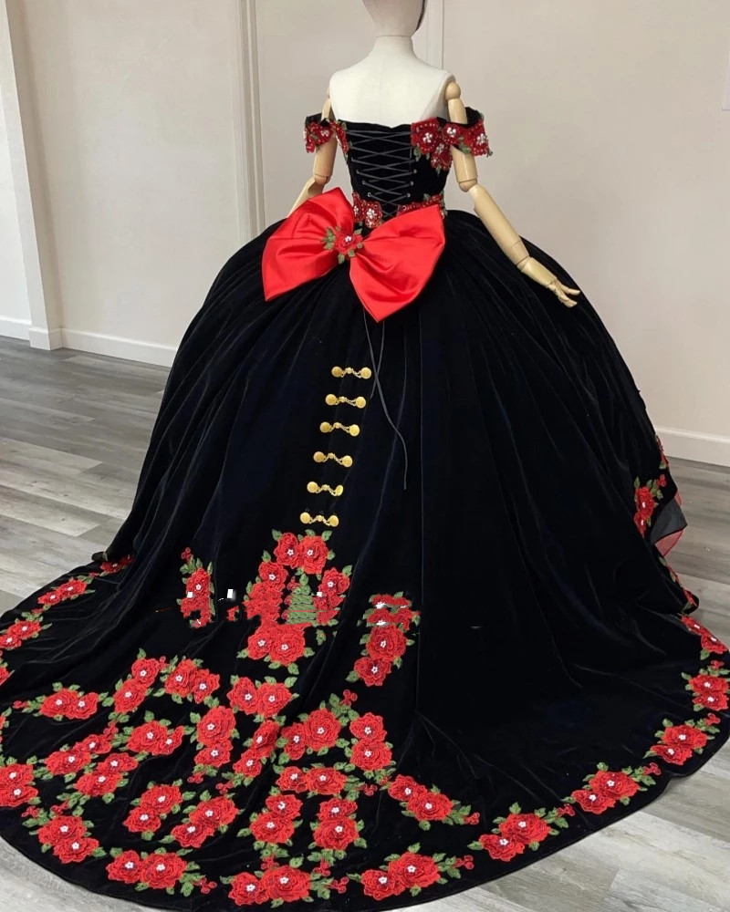 Charro Black and Red Quinceanera Dresses 2023 Applique Beading Mexican Girls Birthday Prom Wear Velvet vestidos de 15 anos